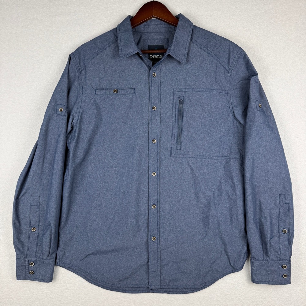 Prana Kip Shirt Mens M Blue M21180477 Roll Tab Sleeve Hiking Technical Outdoor